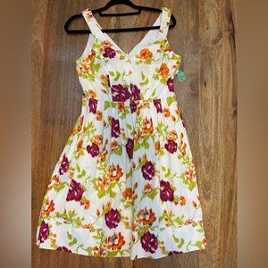 Kay Unger White Sleeveless Dress with Purple and Orange Flowers
